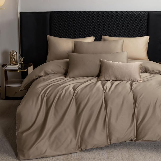 MooMee Duvet Cover Set 100% Extra Long Staple Cotton 600 Thread Count Silky Sateen Smooth Luxury Soft Breathable Durable Hotel Quality Bedding, 3 Pieces (Mocha Brown, Queen 90"x90")