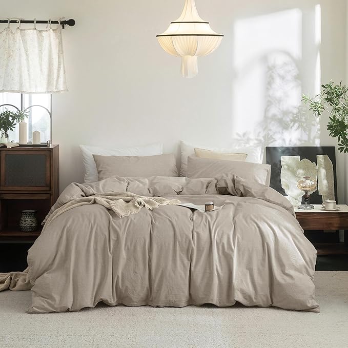 FOSSA Duvet Cover Set 100% Washed Cotton Linen Feel Super Soft Breathable Cozy 3 Pieces Bedding Sets Solid Tannish Linen Grey Super King Plus