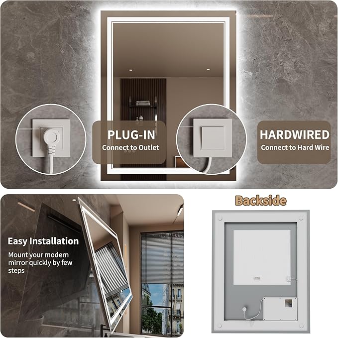 Bathroom Mirror with Lights 32"X40" with Front Light and Backlit, Tempered Glass, Wall Mount Horizontal/Vertical, Stepless Dimmable, 3 Colors, Anti Fog, Bathroom Memory LED Mirror