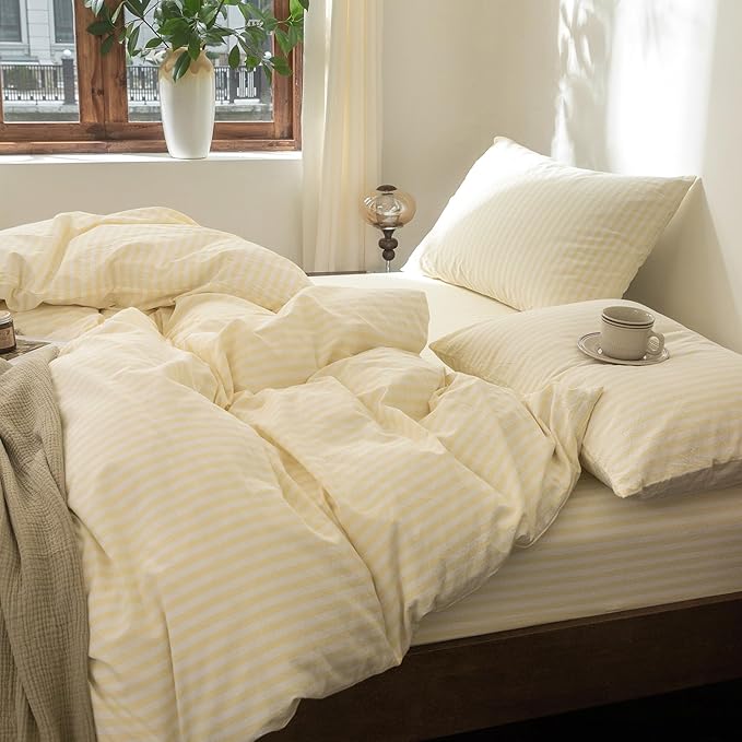 FOSSA Striped Duvet Cover Set 100% Washed Cotton Linen Feel Super Soft Breathable Cozy 3 Pieces Bedding Sets Pastel Yellow Classic Stripes King