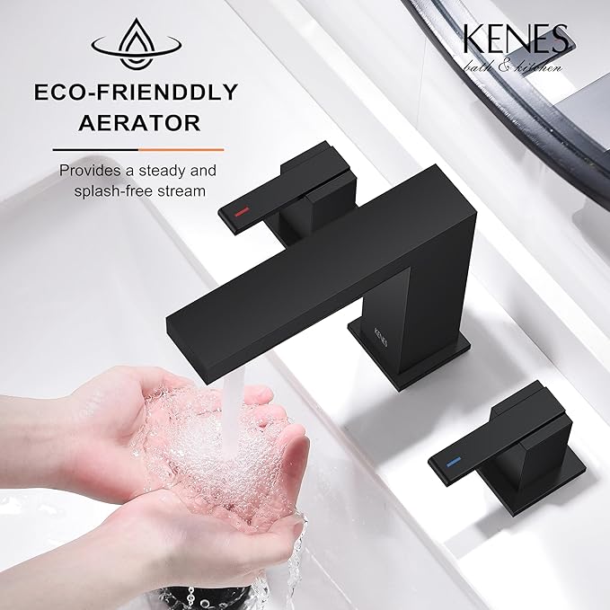 KENES Black Widespread Bathroom Faucet 3 Hole Bathroom Sink Faucet Matte Black Two Handle, 8-Inch 3 Pieces Bathroom Vanity Faucet with Pop Up Drain & Supply Lines, KE-9050-2-P
