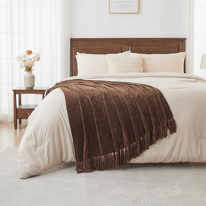 CozeCube Chenille Throw Blanket for Couch, Cozy Plush Fuzzy Decorative Dark Brown Blanket with Fringe Tassels, Lightweight Throws for Bed Sofa Gift Home Decor, 50"X60"