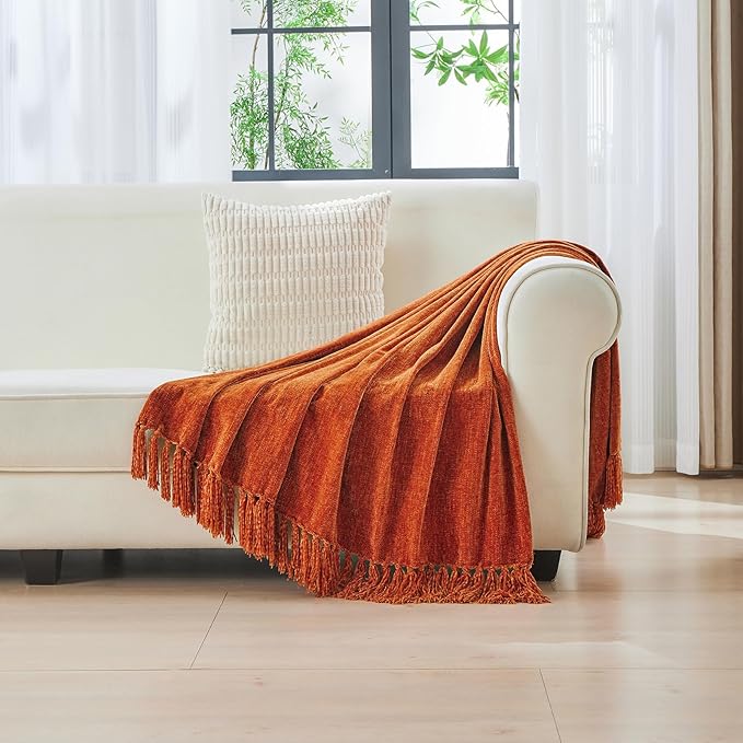 CozeCube Chenille Throw Blanket for Couch, Cozy Plush Fuzzy Decorative Rust Orange Blanket with Fringe Tassels, Lightweight Throws for Bed Sofa Gift Home Decor, 60"X80"