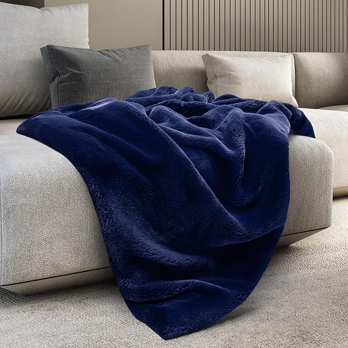 Mon Chateau 60" x 70" Embrace Foldover Faux Fur Throw, Plush Throw with 6cm Foldover for Couch, Sofa, or Bed, Ultra Soft Blanket for Sleeping or Home Decor, Midnight Tide