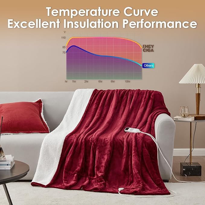 EHEYCIGA Electric Blanket Full Size - Heated Blanket with 9 Heating Levels & 10 Hours Auto Off, Soft Cozy Sherpa Washable Blanket, 72 x 84 Inches