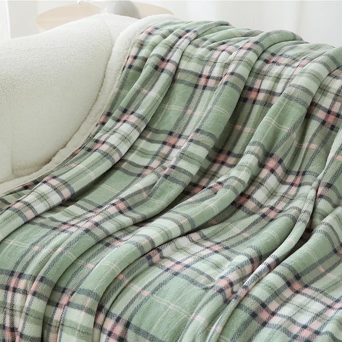 PU MEI Sherpa Blanket Twin Plaid Thick Bed Blanket, 60”*80” Super Soft Flannel Fuzzy Fleece Reversible Velvet Plush Warm Blanket for Couch (Green Pink Check)