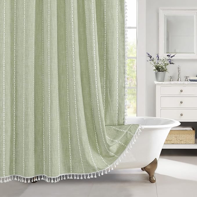 MitoVilla Sage Green Boho Extra Long Shower Curtain 72 x 84, Modern Farmhouse 84 inch XL Rustic Polyester Linen Tassel Heavy Duty Shower Curtain Set with Hooks for Cottagecore Country Bathroom Decor