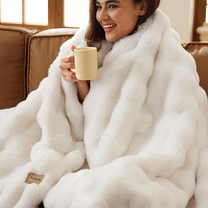 Bedsure GentleSoft Fluffy Faux Fur Throw XL Blanket, Fuzzy Soft Bubble Blanket for Couch Bed, Faux Fur Decor for Home Bedroom Living Room, Thick Warm Furry Cozy Gifts for Women, Cream, 50x70 Inch