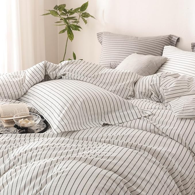 Stripe Duvet Cover King Size 104inch x 90inch, 100% Washed Cotton Linen Feel Duvet Cover, Pinstripe Duvet Cover with Zipper Closure and 2 Pillowcases, Color of White-Dark Grey Stripe