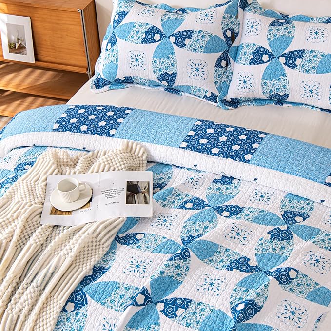 Cmfshape Blue Quilt Sets Bedspread Set 100% Cotton Patchwork Coin Pattern Bedding Set,All Season Use Lightweight Reversible Coverlet Quilts with 2 Pillow Shams(King 106"x96")