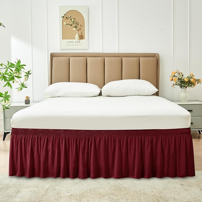 Biscaynebay Wrap Around Bed Skirts for Full & Full XL Beds 16" Drop, Burgundy Adjustable Elastic Dust Ruffles Easy Fit Wrinkle & Fade Resistant Silky Luxurious Fabric Solid Machine Washable