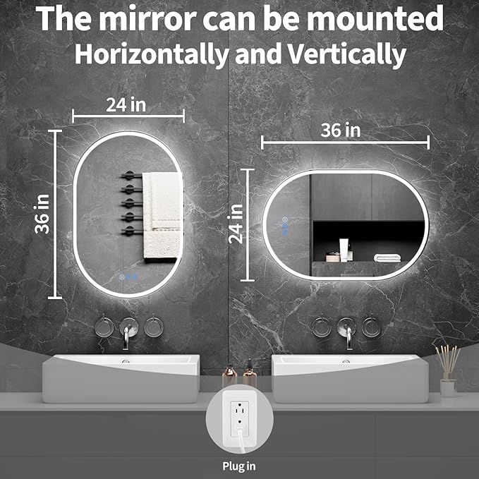 Bathroom Mirror 24"x36" LED Bathroom Mirror with Lights, Anti-Fog, Dimmable Oval Mirrors with Front Light and Backlit, Modern Farmhouse Wall Mounted Mirror for Decorative