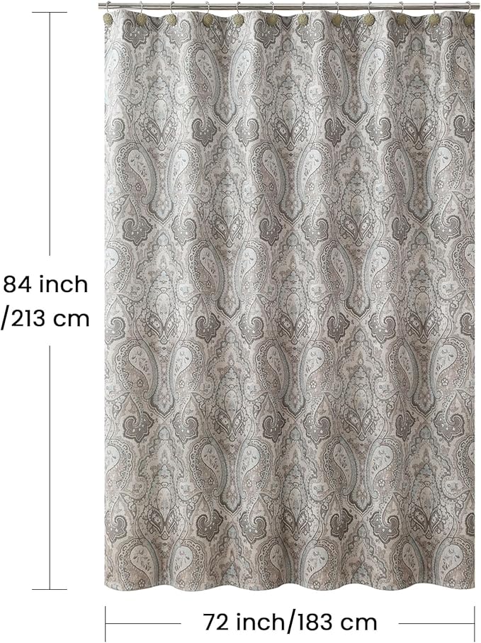 Extra Long Fabric Shower Curtain, Taupe and Blue Paisley Print Shower Curtains for Bathroom, 72" W x 84" H