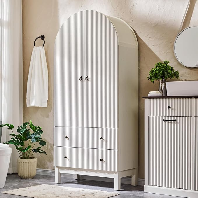 71" Tall Arched Bathroom Storage Cabinet, Modern Fluted Cabinet Storage with 4 Shlves and 2 Drawers, Floor Cabinet for Bathroom, Living Room, Kitchen, White