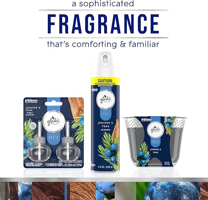 Glade Juniper & Teak Fresh Collection Candle - Fragrance Infused with Essential Oils, Air Freshener, 3-Wick, 6.8 Oz, 3 Count