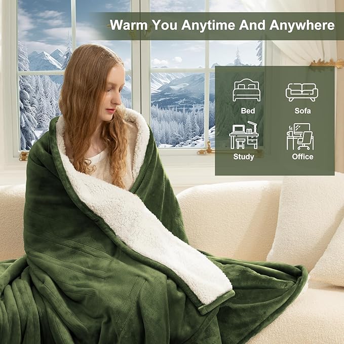 Electric Blanket Full Size Fast Heating- 72 x 84 Inch Heated Blanket Full with 6 Heat Settings, 10 Hours Timer Settings, Overheat Protection, Washable Heating Blanket for Bed Couch, Green