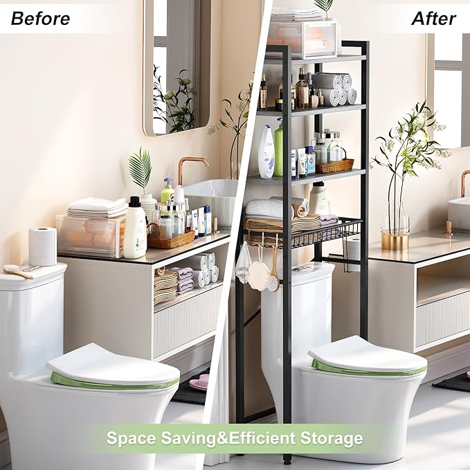 Over-The-Toilet Storage Rack, 4-Tier Bathroom Organizer Shelf Over Toilet with Adjustable Shelf and Basket, Freestanding Space Saver Bathroom Shelves Above Toilet for Room (Pure Gray)
