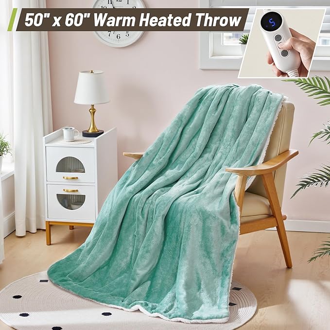 Electric Heated Blanket Throw 50"x60" - Soft Cozy Flannel & Sherpa Fabric Dual-Sided, 9 Heat Settings & 2-10 Hours Auto Off, Warming Heated Throw for Home Office, Machine Washable, Green