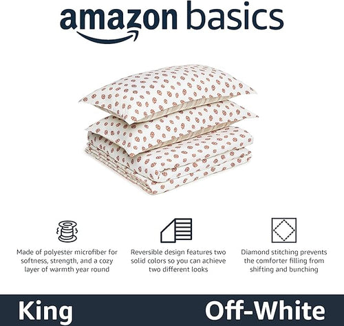 Amazon Basics Lightweight Microfiber Comforter Sets, 3-Pieces, Off White, Floral, King