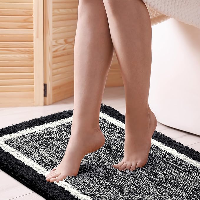 CozeCube Bath mats for Bathroom Non Slip, Fluffy Absorbent Microfiber Bath mat Washable, Aesthetic Bathroom Rugs, Long Jet Black Bath mat, Jet Black, 47" x 24"