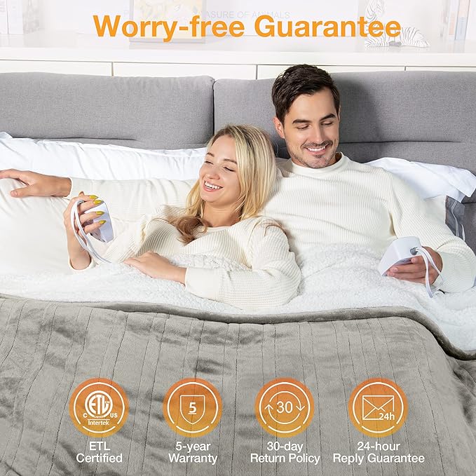 WOOMER Heated Blanket King Size,Durable Flannel and Soft Sherpa,Dual Control,84” × 90” Electric Blanket, 10 Heat Levels&0.5-12h auto-Off, Overheat Protection,Energy Efficient