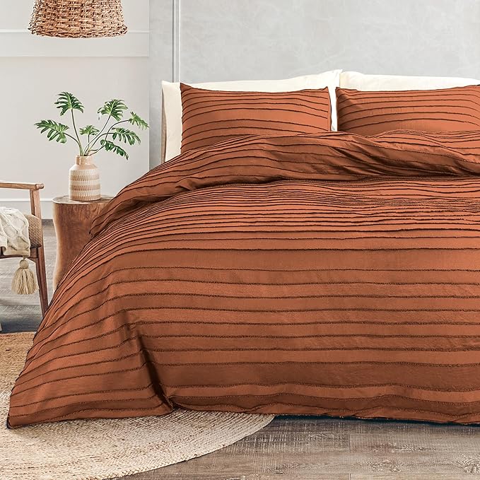 NEXHOME PRO Twin Duvet Cover, Brunt Orange 2 Pieces Boho Tufted Twin Size Duvet Cover Set, Soft and Lightweight Microfiber Comforter Cover Set for All Season (Brunt Orange, 66 x 90)-No Comforter