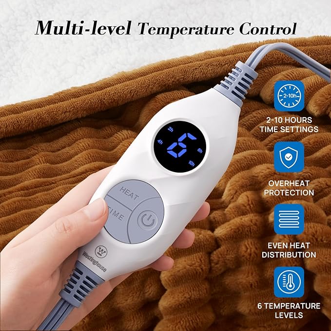 Westinghouse Heated Throw Blanket, Soft Flannel Sherpa Electric Throw with 6 Heating Levels & 2-10 Hours Auto Shut Off, Fast Heating & ETL Certification, Machine Washable, 50x60 Inch, Brown