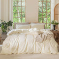 MooMee Bedding Duvet Cover Set 100% Washed Cotton Linen Like Textured Breathable Durable Soft Comfy (Solid Cream White, King 104"x90")