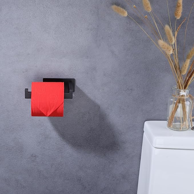 LANC Self-Adhesive Toilet Paper Holder, Matte Black Toilet Tissue Holder Wall Mounted for Bathroom Kitchen Stick On Paper Roll Holder with No Drilling Rustproof Stainless Steel, Left Rod A8307MB-LF