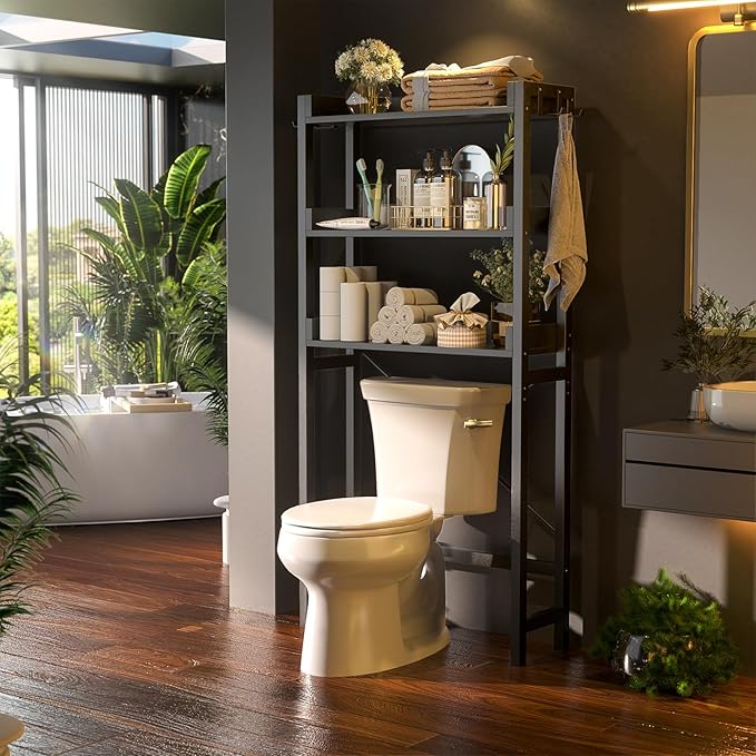 Over The Toilet Storage Rack - 3 Tier Bathroom Organizer with Shelves, Freestanding Space Saver Storage Rack Above Toilet Stand with 4 Hooks for Restroom, Laundry, Black
