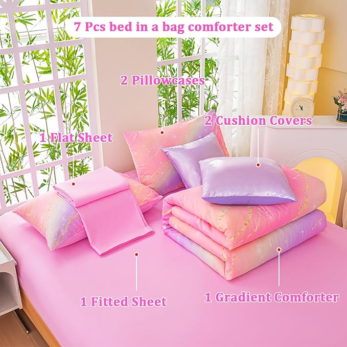Rainbow Bedding Set Queen Size – 6-Piece Reversible Girls Comforter with Deep-Pocket Sheet, Gradient Galaxy Design, Whole-Piece Filling, Machine Washable Bed-in-a-Bag for Kids Room Makeover & Gifts