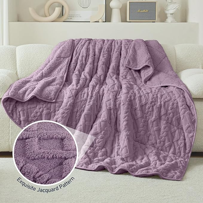 Wemore Weighted Blanket for Adults Twin Size 15 lbs, Dual Sided Soft Fuzzy Jacquard Sherpa Weighted Blankets for Sleeping, Cozy Fluffy Knitted Heavy Blanket for Couch Bed, Purple, 60 x 80 inches