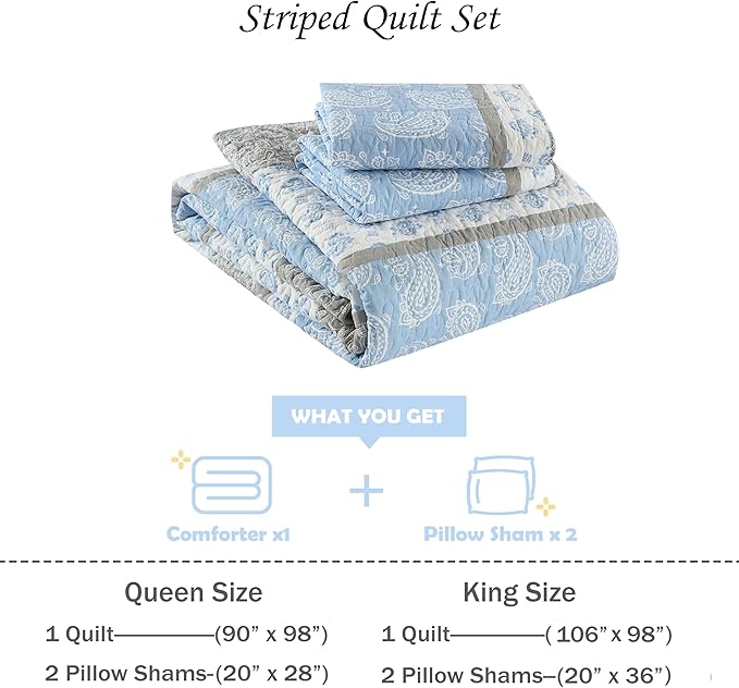Quilt King Size, Cotton Bedding Set, Blue Striped King Size Comforter Set, Bohemian Bedspread with Shams for All Season, 3 Pieces