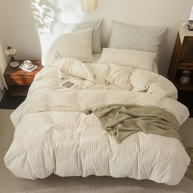 FOSSA Striped Duvet Cover Set 100% Washed Cotton Linen Feel Super Soft Breathable Cozy 3 Pieces Bedding Sets Almond Milk Grey Classic Stripes Queen