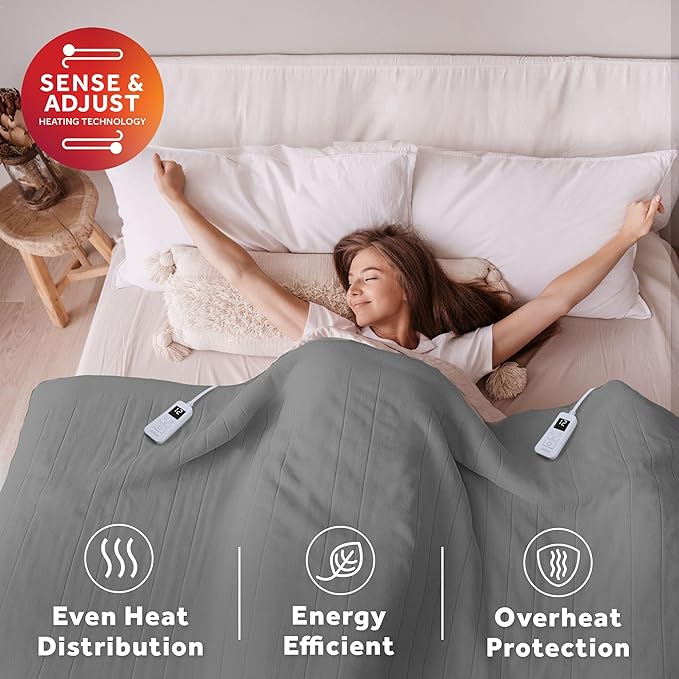 Sunbeam Electric Royal Luxe Microplush Heated Blanket, 12 Heat Settings, 12-Hour Auto Shut-Off, Fast Heating, Warm & Cozy, Machine Washable, Dove Gray Color, King (90" x 100")