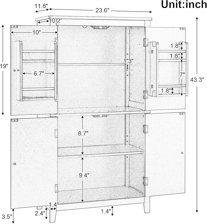 Freestanding Storage Cabinet with 4 Doors,Elegant Organizer Unit with Adjustable Shelves, Sturdy MDF Frame, Anti-Tipping Design, Large Capacity for Bathroom, Kitchen, Office, Home, Grey