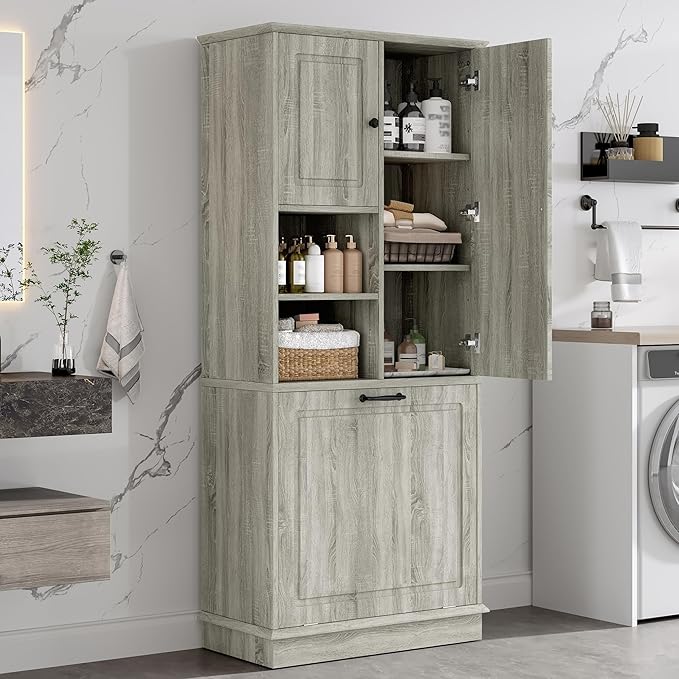 Tall Storage Cabinet with Adjustable Shelves & Flip-Out Basket, MDF Material with Aluminum Alloy Handles, Large Capacity for Bathroom, Kitchen, Living Room, Office Organizer, Oak