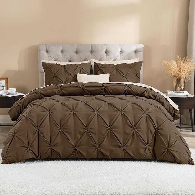Litanika Brown King Pinch Pleat Duvet Cover, 3 Pieces Pintuck Cover Soft Microfiber Bedding Set with Zipper Closure & Corner Ties(104x90Inch-1 Duvet Cover, 2 Pillowcases)