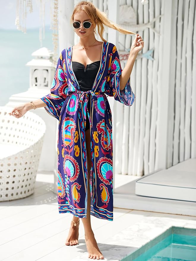 Women Casual Open Front Lightweight Cardigan Long Beach Kimono Cover Up