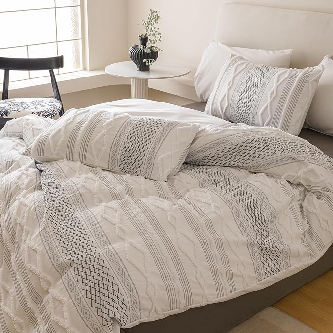 Cottonight White Black Boho Comforter Set Twin Farmhouse Tufted Bedding Set Soft Bohemain Shabby Chic Blanket Quilts Embroidery Rustic Luxury Soft 3PCS Bed Set for Women Men