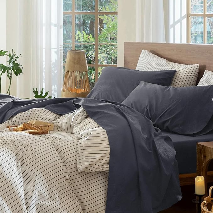 MooMee Bedding Sheet Set 100% Washed Cotton Linen Like Textured Breathable Durable Soft Comfy (Solid Deep Grey, King)