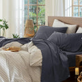 MooMee Bedding Sheet Set 100% Washed Cotton Linen Like Textured Breathable Durable Soft Comfy (Solid Deep Grey, Queen)