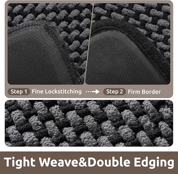 AMOAMI Chenille Bath Mat Super Absorbent Bathroom Mat Quick Dry Bath Mats for Bathroom Rubber Backed Bathroom Rugs Non Slip Washable Fit Under Door, Front of Bathtub, Sink, Darkgrey&Black 20"x32"
