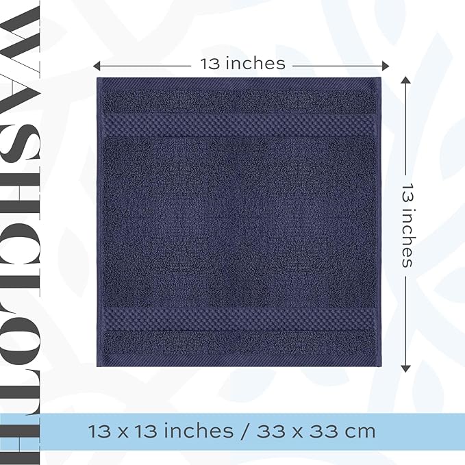 White Classic Luxury Cotton Washcloths 13x13 Inch - 650 GSM Turkish Cotton | Hotel, Spa, Bathroom Face Towel | 12 Pack, Navy Blue