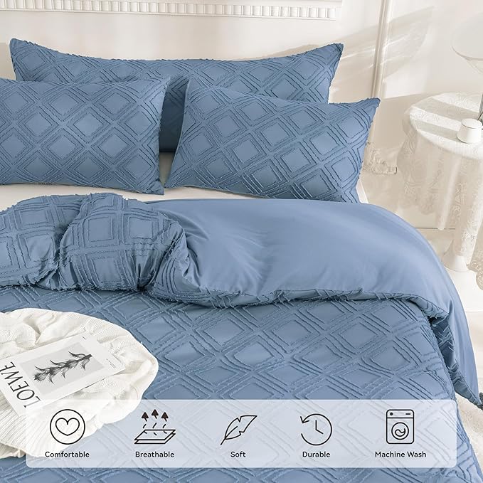 JELLYMONI Duvet Cover King Size Blue - 3PCS Boho Duvet Cover Set Plaid Polyester Tufted Bohemian Jacquard Knit Textured Comforter Cover 104×90in Rhombic Geometric Pattern Zipper Corner Tie