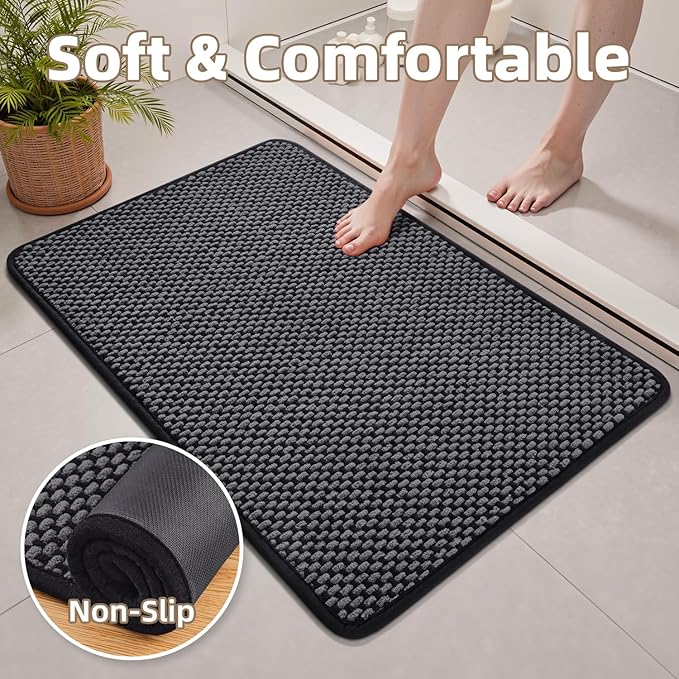 PADOOR-Bath Mat-Super Absorbent Chenille Bathroom Mats-Rubber Backed Bath Mats for Bathroom Non Slip, Easy Clean Bathroom Rugs Front of Bathtub,Shower Room,Sink-17×35, Darkgrey&Black