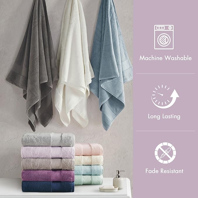 Madison Park Turkish 100% Cotton Towel Set, 600Gsm Luxury Premium Weight, Soft Absorbent Hotel Bathroom Shower Hand Face Washcloths, Assorted Sizes Lavender 6 Piece