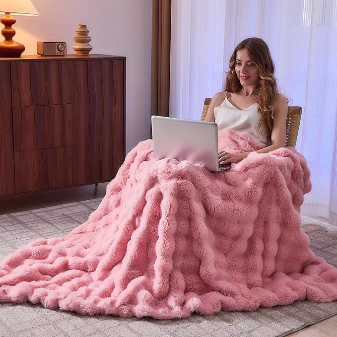 Pink Faux Fur Throw Blanket Soft Plush Fluffy Bubble Texture Cozy Blanket for Couch Bed Sofa Warm Thick Luxury Home Decor Gift for Women Mom Girlfriend (King Size 108''x90'', Pink)