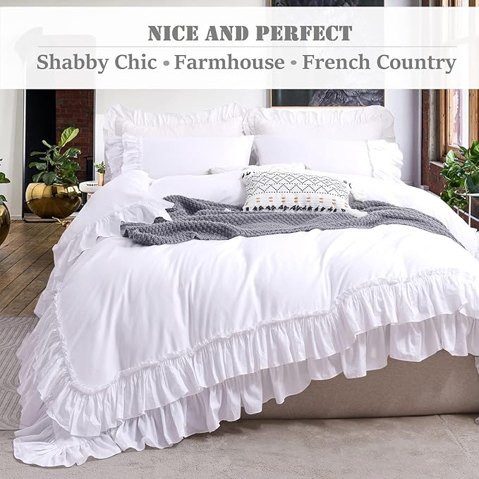 QSH Ruffle White Duvet Cover King Size-Washed Cotton Shabby Farmhouse Chic Ruffled Bedding 3pcs(1 Soft Linen Feel Cotton Duvet Cover +2 Ruffle Pillowshams) Aesthetic French Country King Bedding