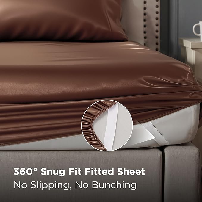 Bedsure Satin Sheets King Size - 4 Piece Silky Bedsheets with 15 Inches Deep Pocket Fitted Bedsheet,1 Flat Sheet, 2 Satin Pillowcases, Good for Hair & Skin (King, Coffee)